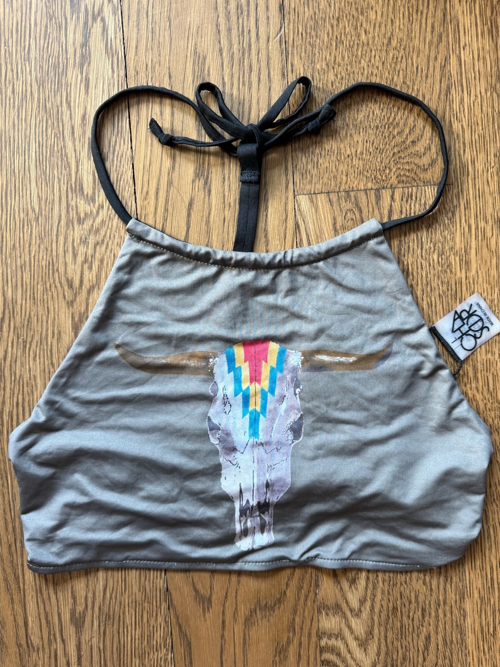 Chaser Swim Gray Strappy Halter Swim/Crop Top with Western Skull Print. L NWT